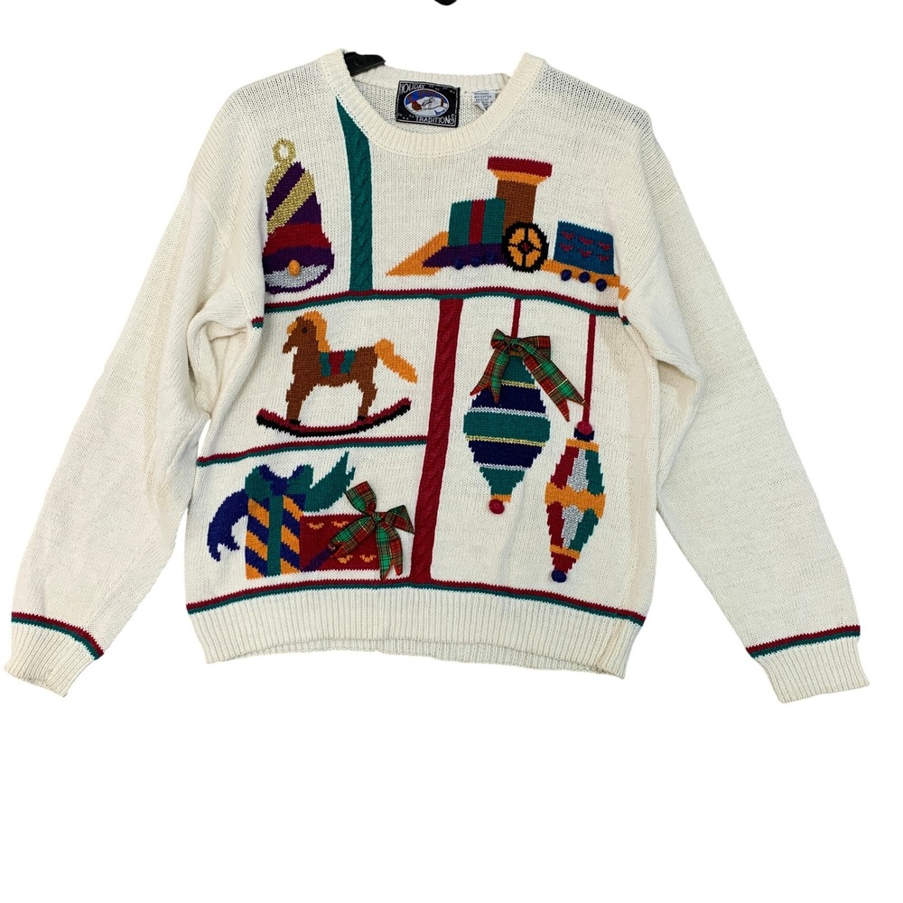 Vtg Holiday Traditions Women's M Christmas Sweater Ivory Ramie Cotton Blend